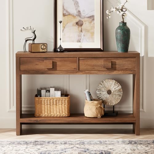 ONBRILL Console Table with Drawers, 47 Inch Narrow Entryway Table with Open Storage Shelves, Mid Century Modern Hallway Accent Tables Behind Couch Table for Living Room (Vintage Brown) ONBRILL