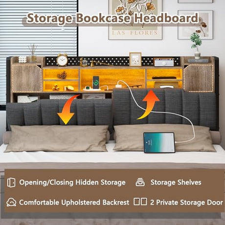 CSZZD King Size Bed Frame and Bookcase Headboard & Storage Drawers, LED Upholstered Platform Bed Frame King Size with USB Charging Station, No Box Spring Needed, Easy Assembly, Oak Gray CSZZD