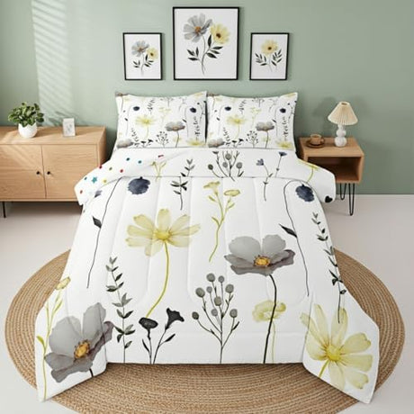 Erosebridal Yellow and Grey Flower Comforter Set King, Watercolor Floral Bedding Set for Girls Teens Women, Modern Minimalist White Down Comforter Pastoral Branches Aesthetic Quilt, 2 Pillow Cases Erosebridal