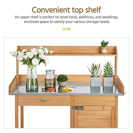 Yaheetech Outdoor Garden Potting Bench Table Work Bench Metal Tabletop W/Cabinet Drawer Open Shelf Natural Wood Yaheetech