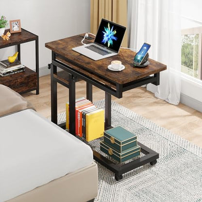 Tribesigns Small Portable Desk with Power Outlet, Height Adjustable Sofa Couch Bedside Laptop Table with Wheels, Mobile Standing Desk Rolling Computer Cart C Side Table with USB Ports - WoodArtSupply