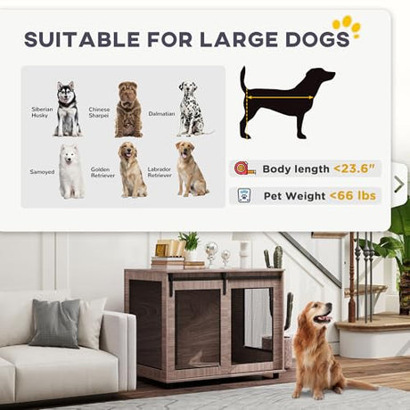 PawHut 39" Dog Crate Furniture, Dog Kennel Furniture End Table with Sliding Barn Door, Pet Cage Table for Large Breeds, Walnut Brown PawHut