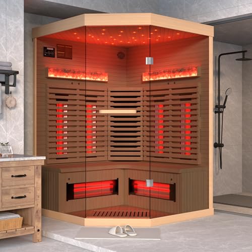 SWHSE 3-4 Person Corner Infrared Sauna- Luxury Home Sauna Spa Room with Himalayan Salt Therapy, Canadian Hemlock&Panoramic Tempered Glass,220V SWHSE