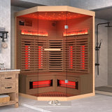 SWHSE 3-4 Person Corner Infrared Sauna- Luxury Home Sauna Spa Room with Himalayan Salt Therapy, Canadian Hemlock&Panoramic Tempered Glass,220V SWHSE