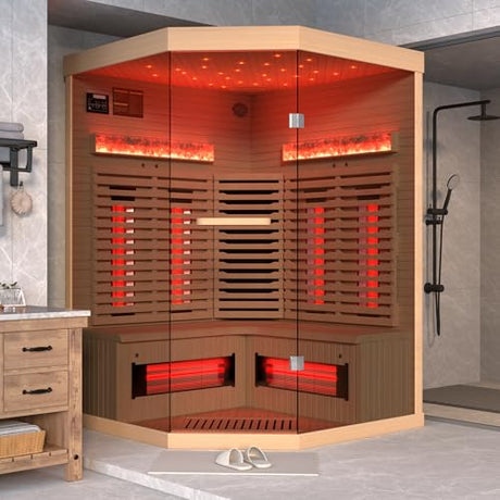 SWHSE 3-4 Person Corner Infrared Sauna- Luxury Home Sauna Spa Room with Himalayan Salt Therapy, Canadian Hemlock&Panoramic Tempered Glass,220V SWHSE