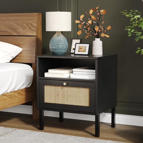 Natural Rattan Nightstands Set of 2, Accent End Table, Boho Bedside Table with 1 Hand Made Decorated Door for Living Room, Bedroom, Black Angel Sar