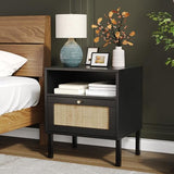 Natural Rattan Nightstands Set of 2, Accent End Table, Boho Bedside Table with 1 Hand Made Decorated Door for Living Room, Bedroom, Black Angel Sar