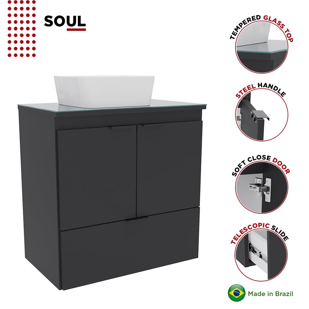 COZIMAX Cabinet and Sink Soul 24" Floating Bathroom Vanity with White Ceramic Sink, Tempered Glass Countertop, Soft Close Doors, 1 Drawer, Wall Mount (Black) COZIMAX