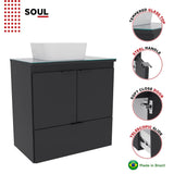 COZIMAX Cabinet and Sink Soul 24" Floating Bathroom Vanity with White Ceramic Sink, Tempered Glass Countertop, Soft Close Doors, 1 Drawer, Wall Mount (Black) COZIMAX