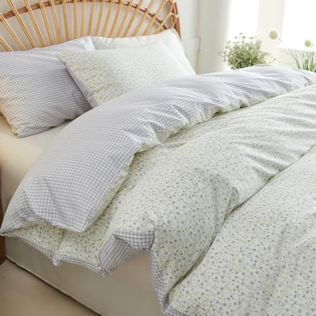 CCoutueChen Blue Gingham Duvet Cover Full 3Pcs 100% Cotton Blue Floral Bedding Set Farmhouse Flower Plaid Bedding Soft Breathable Cottage Duvet Cover Set with 2 Pillowcases(No Comforter) CCoutueChen