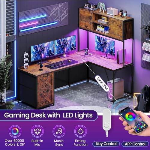 Saranya 18 Shop New Rustic Brown 86.6" L Shaped Desk Computer Two Person Shelf Cabinet File Drawer Storage Shelves Led Lights Reversible Office Study Home 62.2”L x 18.9”W x 65”H of WoodArtSupply