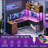 Saranya 18 Shop New Rustic Brown 86.6" L Shaped Desk Computer Two Person Shelf Cabinet File Drawer Storage Shelves Led Lights Reversible Office Study Home 62.2”L x 18.9”W x 65”H of WoodArtSupply