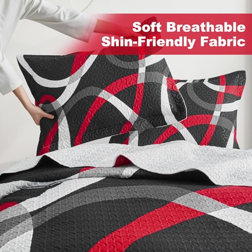weesire Black and Red Bedding Quilt King Size with 2 Shams, Modern Stripe Comforter Sets Classic Line Pattern Bedspreads Grey and Red Coverlet, 96''x106'' weesire