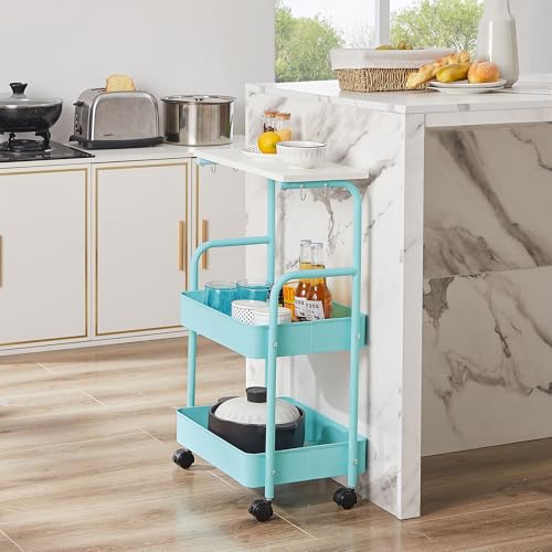 VECELO 3-Tier Steel Utility Rolling Cart, with Breathable Mesh Baskets, 360°Lockable Wheels, 4 Hooks, Top Board,for Kitchen/Bathroom/Under Table Storage, Instagram Blue - WoodArtSupply