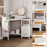 Espelism Corner Vanity Desk with Charging Station, 49.6" Makeup Table with Fabric Drawers & Side Pocket, Space-Saving Dressing Table for Small Space Bedroom Dorm(White) Espelism