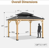 Warmally 11' x 13' Solid Wood Gazebo, Outdoor Cedar Framed Gazebo, Pavilion with Black Steel Hardtop for Patio, Deck, Garden, Backyard, Lawn Warmally