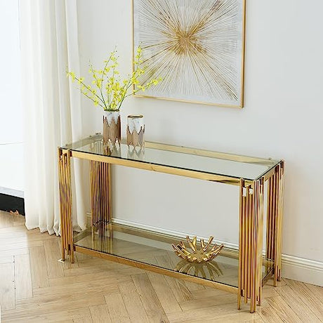 Goujxcy Modern Glass Console Table, 55" Gold Sofa Table with Sturdy Metal Frame and Clear Tempered Glass Top for Living Room Entryway Bedroom (Gold) Goujxcy
