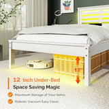 VINGLI LED Twin Bed Frame Set of 2 Solid Wood Platform Single Bed with Headboard USB Charging Station,Panel Bed, Wood Slat Support Mattress Foundation, White VINGLI