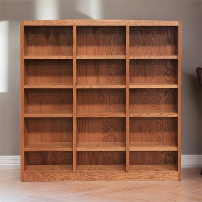 BOWERY HILL 72" Classic Triple Wide Wood Bookcase with 12 Adjustable and 3 Fixed Shelves in Dry Oak Finish - WoodArtSupply