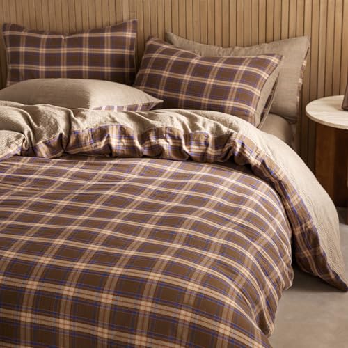 EAVD Vintage Style Brown&Blue Plaid Duvet Cover Full Soft 100% Muslin Cotton Brown Green Blue Grid Checkered Plaid Bedding Set with 2 Pillowcases Reversible Gingham Duvet Cover with Zipper EAVD