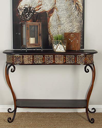 Deco 79 Metal Floral Embossed 1 Shelf Console Table with Ornate Scroll Legs, 43" x 14" x 32", Brown Deco 79