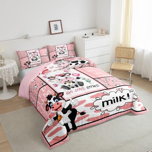Feelyou Cow Bedding Set for Girls Boys Pink Milk Cow Comforter Set Cute Animal Comforter Room Decor Farmhouse Duvet Set Queen Size Quilt Boys Feelyou