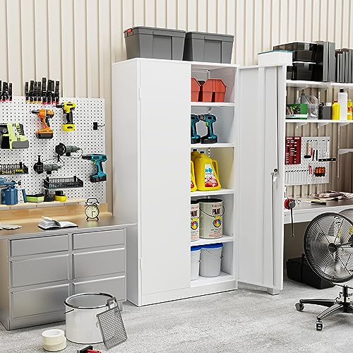 Crownland 72" Lockable Metal Storage Cabinet, Garage Storage Cabinets, High Office Cabinet with Adjustable Shelves for Garage, Home Office,Pantry, File(White) Crownland