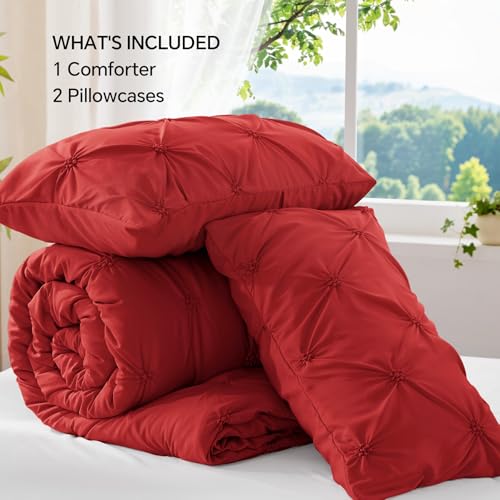 BEDELITE Red Queen Comforter Set - 3 Pieces Boho Pintuck Bedding Comforter Sets, Lightweight Soft & Warm Bed Comforter Queen with 2 Pillowcases for All Season BEDELITE