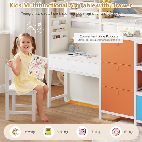 DICTAC Low Loft Bed with Desk and 6 Storage Drawers Twin Loft Bed with Bookshelf,LED Lights & Under-Bed Play Space,Kids Twin Beds with 13.8''H Safety Guardrail,Inclined Ladder & Play Curtain,Colorful DICTAC