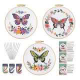 GLTAYLMY Butterfly Embroidery Kit for Beginners Adults, 3 Sets Hand Embroidery Starter Kit with Flower Pattern and Instructions Stamped Cross Stitch Kits Include Embroidery Hoop Needles Threads