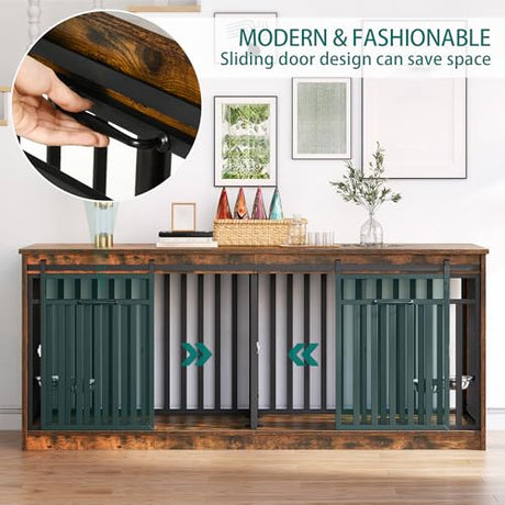 YITAHOME 71 Inch Double Dog Crate Furniture for 2 Dogs, Heavy Duty Wooden Dog Crate TV Stand with 4 Dog Bowls, Dog Kennel Indoor Furniture Sliding Barn Door Design for Extra Large Dogs, Rustic Brown YITAHOME