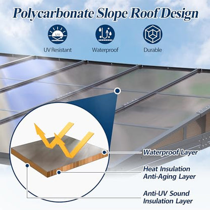 COVERONICS 10' X 13' Outdoor Polycarbonate Hardtop Gazebo - Wall-Mounted Aluminum Frame Gazebo with Slope Roof, Heavy-Duty Lean to Gazebo Pergola with Netting & Curtains for Rainy Day, Sunlig - WoodArtSupply