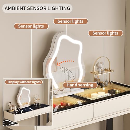 ZGNBSD Smart Vanity Table with Drawers - Vanity Set | Equipped with Charging Station & Speaker | Multi-Layer Solid Wood Material | Includes LED Makeup Mirror and Chair ZGNBSD