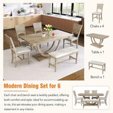 LUMISOL Dining Table Set for 6, Wood Half Round Dining Table Set with Long Bench and 4 Upholstered Chairs Solid Wood Dining Table Set, Modern Kitchen Table Set for 6 Persons, Natural LUMISOL