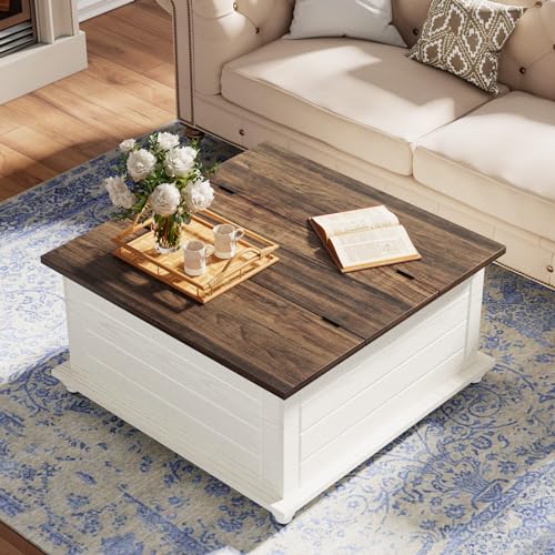 Tribesigns Farmhouse Coffee Table with Storage, Wood Square Coffee Table with Large Hidden Storage Compartment, Rustic Center Table for Living Room, Brown & Warm White - WoodArtSupply