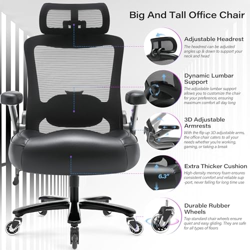 600lbs Big and Tall Office Chair- Heavy Duty Executive Computer Chair with 3D Flip Arms Large Wheels, Ergonomic Mesh High Back Desk Chair, Extra Wide Seat Adjustable Lumbar Support&Headrest Petheivun