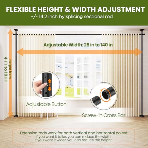 SUNALLY Room Divider Curtain Rod, No Drilling 4-10ft(H) 28-140inch(W) Adjustable Privacy Wall Divider for Room Separation, Heavy Duty Temporary Partition Space Separator Tension Rods, Black SUNALLY