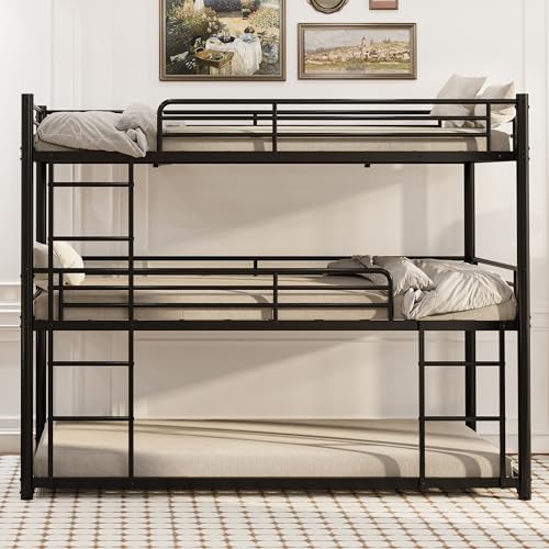 NestLude Triple Bunk Bed Heavy Duty, Twin-Size Metal Bunkbeds with Ladder, Family-Friendly for All Ages, Bedroom, No Box Spring Needed, Easy Assembly (Black) NestLude