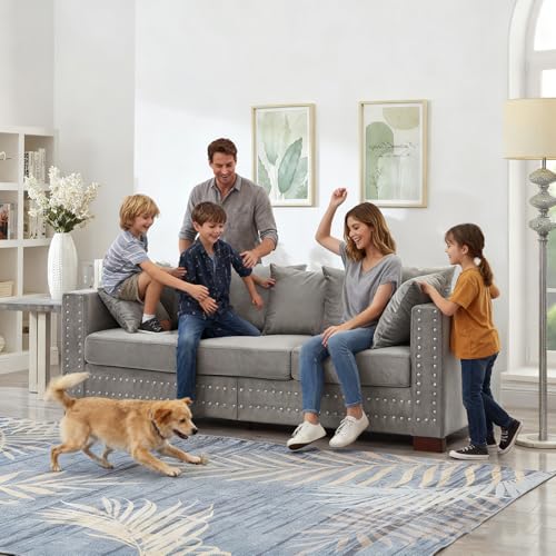 84.5" Wide 3-Seater Velvet Sofa with Storage, Mid Century Modern Chesterfield Couch, Upholstered Love Seat with Deep Seat & Retro Trim Gray Velvet Couch for Living Room, Office, Apartment (Grey) SLEERWAY