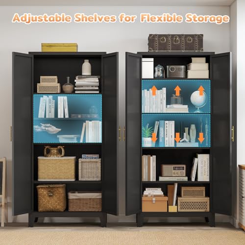 Zevemomo 70.87" H Metal Kitchen Pantry Cabinet, Freestanding Cupboard with 2 Doors and 4 Adjustable Shelves, Tall Metal Storage Cabinet for Kitchen, Bathroom, Dinning Room or Laundry Room （Black） Zevemomo