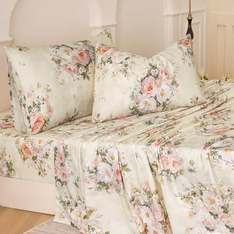 Huborise Silky Floral Bed Sheets King Size Cream 100% Cotton Blush Pink Rose Printed Sheet Set, Satin Weave Cooling Sheets for Hot Sleepers, Soft Luxury Shabby Vintage Deep Pocket Fitted Sheets 4Pcs Huborise