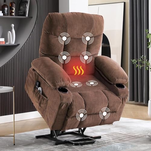 Ultra Wide Power Lift Recliner Chair for Elderly,Rotating Lounge Chair with Hot Massage Heating and Auxiliary Standing Function,Oversized Lazyboy Single Sofa with Cup Holder for Living Room (Brown)