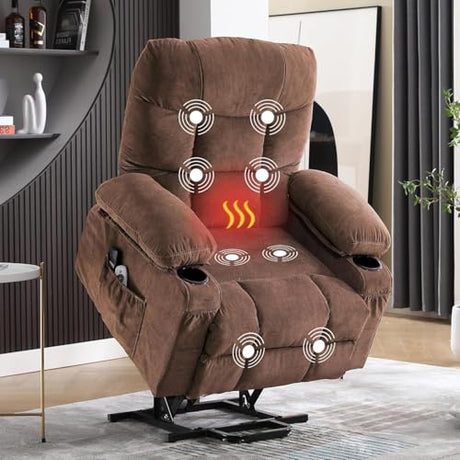 Ultra Wide Power Lift Recliner Chair for Elderly,Rotating Lounge Chair with Hot Massage Heating and Auxiliary Standing Function,Oversized Lazyboy Single Sofa with Cup Holder for Living Room (Brown) Anwick