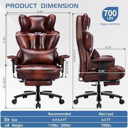 700lbs Big and Tall Office Chair with Footrest&Adjustable Lumbar Pillow,Large Heavy Duty Executive Office Chair-Wide Seat,Ergonomic High Back Computer Chairs for Heavy People,Dual Rubber Wheels,Brown BIGGARSIT