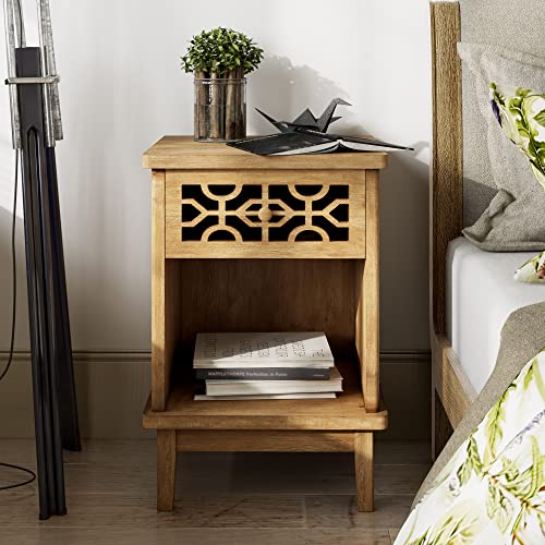 COZAYH Retro Rustic Nightstand Solid Fir End Table Side Table with Hand Carved Front and Open Shelf for Boho, French Country, Farmhouse Style, Natural COZAYH