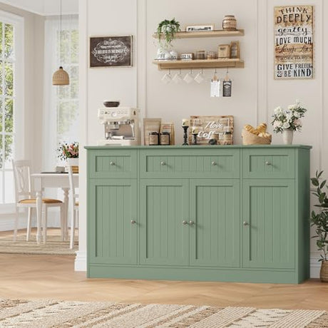 HITHOS 55" Sideboard Buffet Cabinet with Storage, Modern Kitchen Buffet Storage Cabinet with Drawers, Wood Coffee Bar with Adjustable Shelves, Large Sideboard for Kitchen, Living Room, Green HITHOS