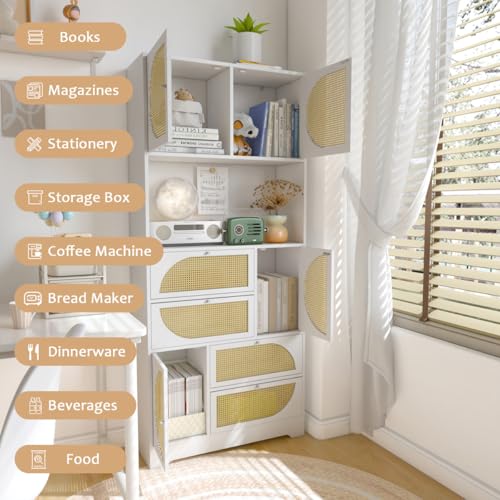 YUHOCB Kitchen Pantry Storage Cabinet with Power Outlet,Tall Kitchen Hutch Cabinet with Microwave Stand,Utility Pantry with Doors and Shelves for Dining Room, Living Roo (White) YUHOCB