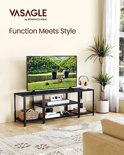 VASAGLE Modern TV Stand for TVs up to 65 Inches, 3-Tier Entertainment Center, Industrial TV Console Table with Open Storage Shelves, for Living Room, Bedroom, Black with Wood Grain ULTV097B22 - WoodArtSupply