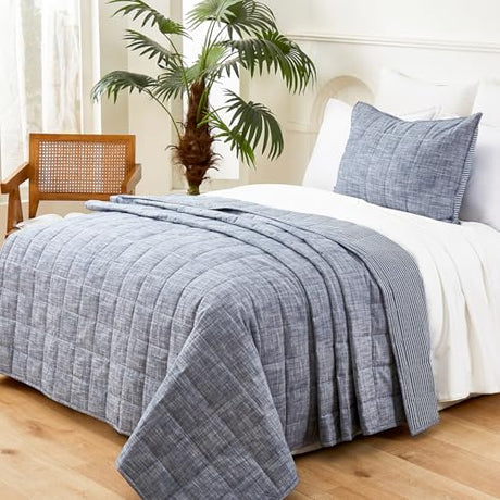 softpage Navy Quilts Twin Quilt， Cotton Twin Quilt Bedding Set，2-Pieces Quilted Bed Spread with Blue Stripe Coverlet Light Weight Navy Bedspread with 1 Pillow Sham softpage