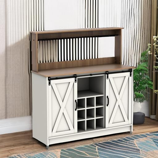 4ever2buy Farmhouse Coffee Bar Cabinet with 6 Hooks, 47'' Kitchen Coffee Bar with Hutch and 9 Wink Racks, White Coffee Bar Table with Sliding Barn Door for Dining Living Room 4ever2buy